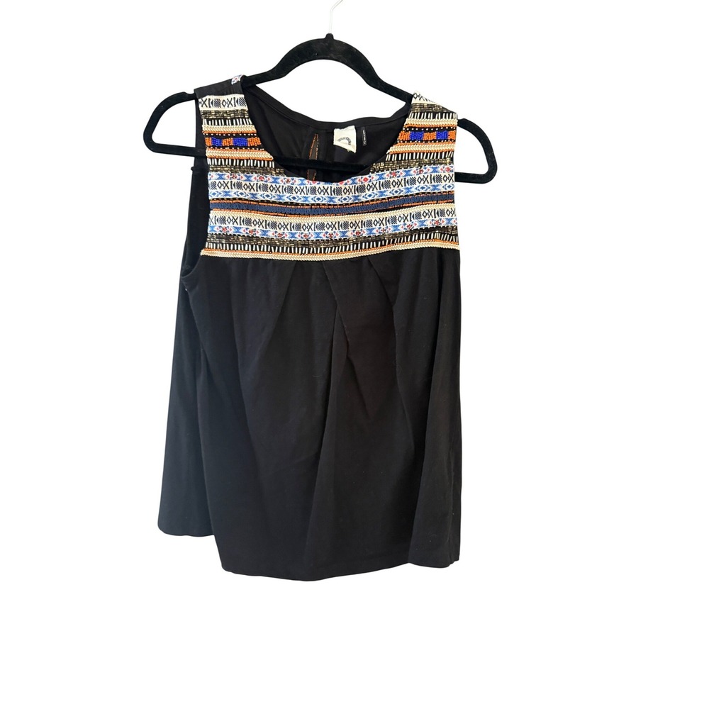 Akemi + Kin Black Beaded Embroidered‎ Sleeveless Cotton Top Small Geometric Boho